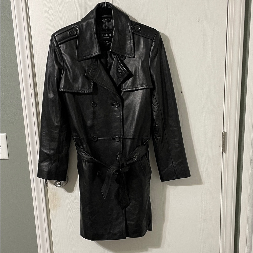 Izod Vintage Leather Women’s Black Double Breasted Trench Coat Size Large Petite
